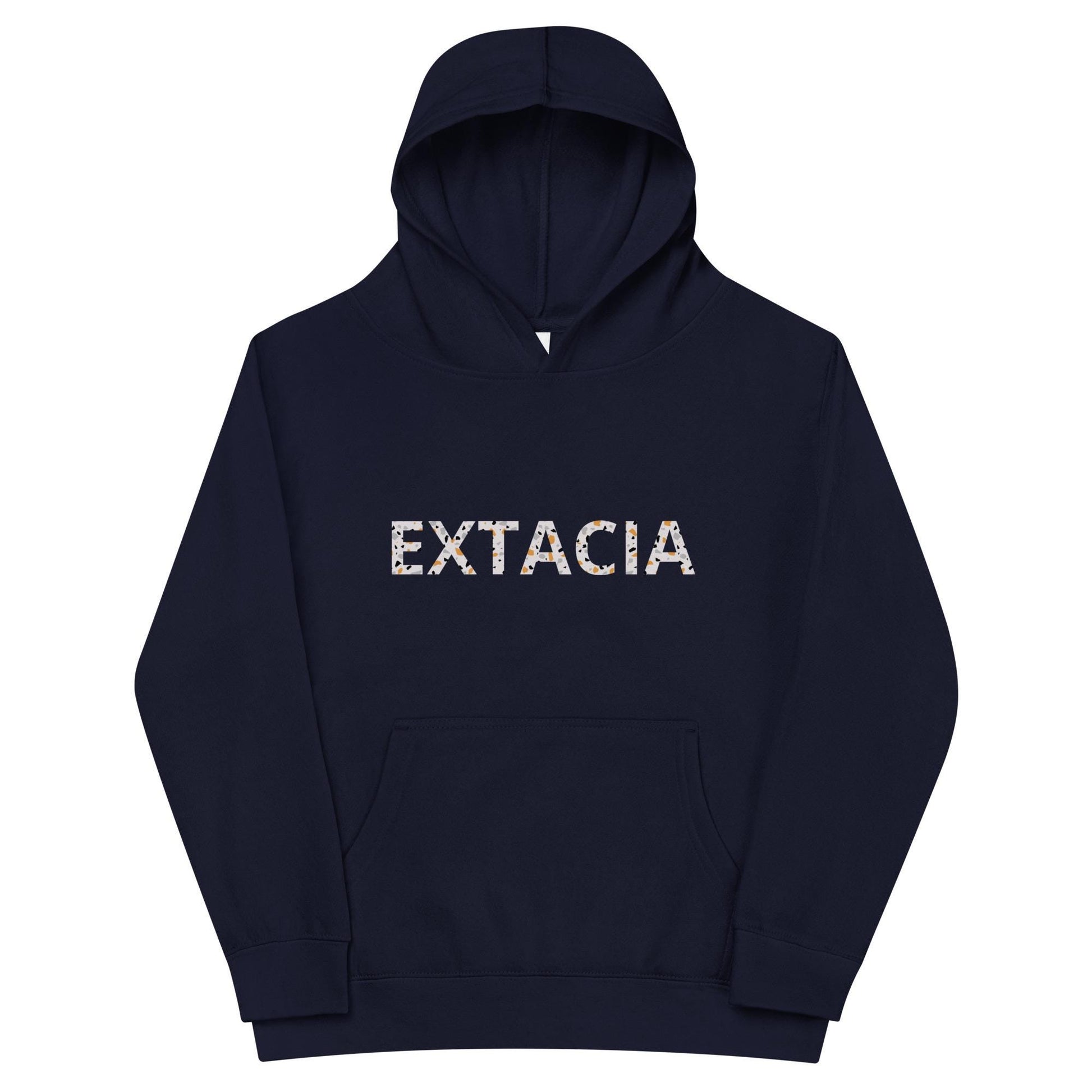 Sweat à capuche petite fille granite jaune - motif gymnaste danseuse - bleu marine - coton-mélange motif imprimé – vue de face, chaud et doux