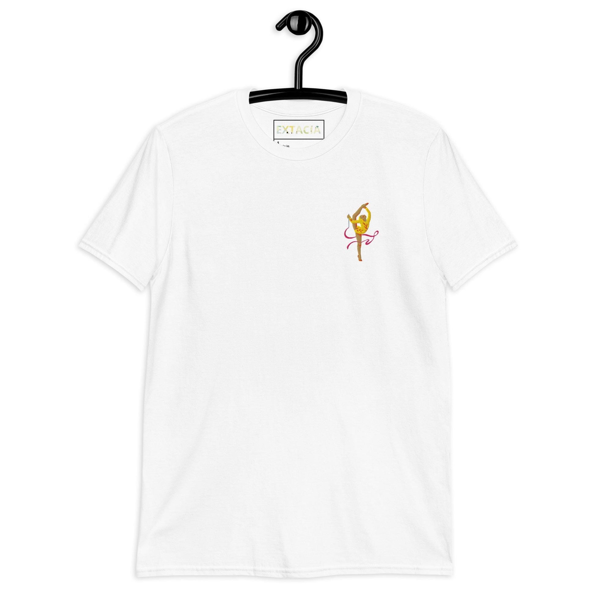 T-shirt femme coton brodé – gymnaste danseuse - poitrine gauche - blanc - vue face