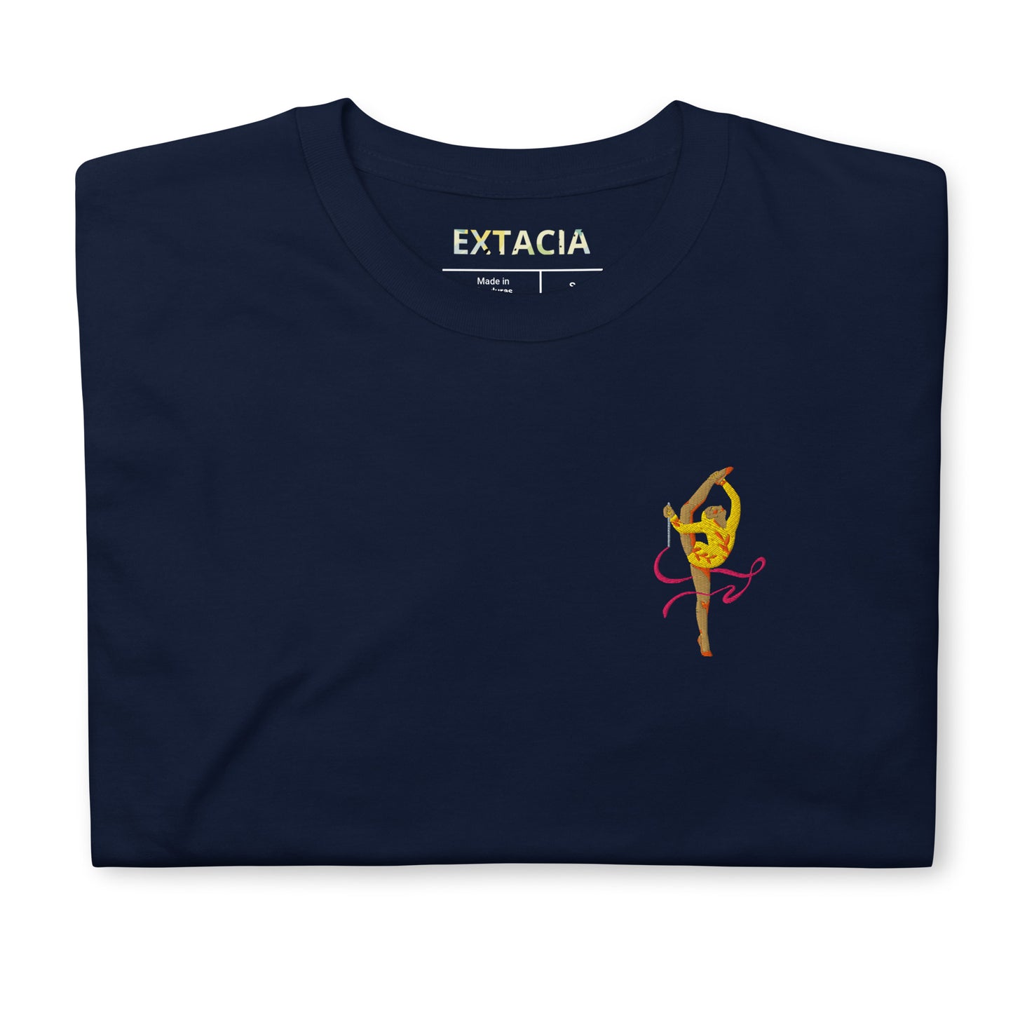 T-shirt femme coton brodé – gymnaste danseuse - poitrine gauche - bleu marine Tissu coton doux – détail texture & broderie