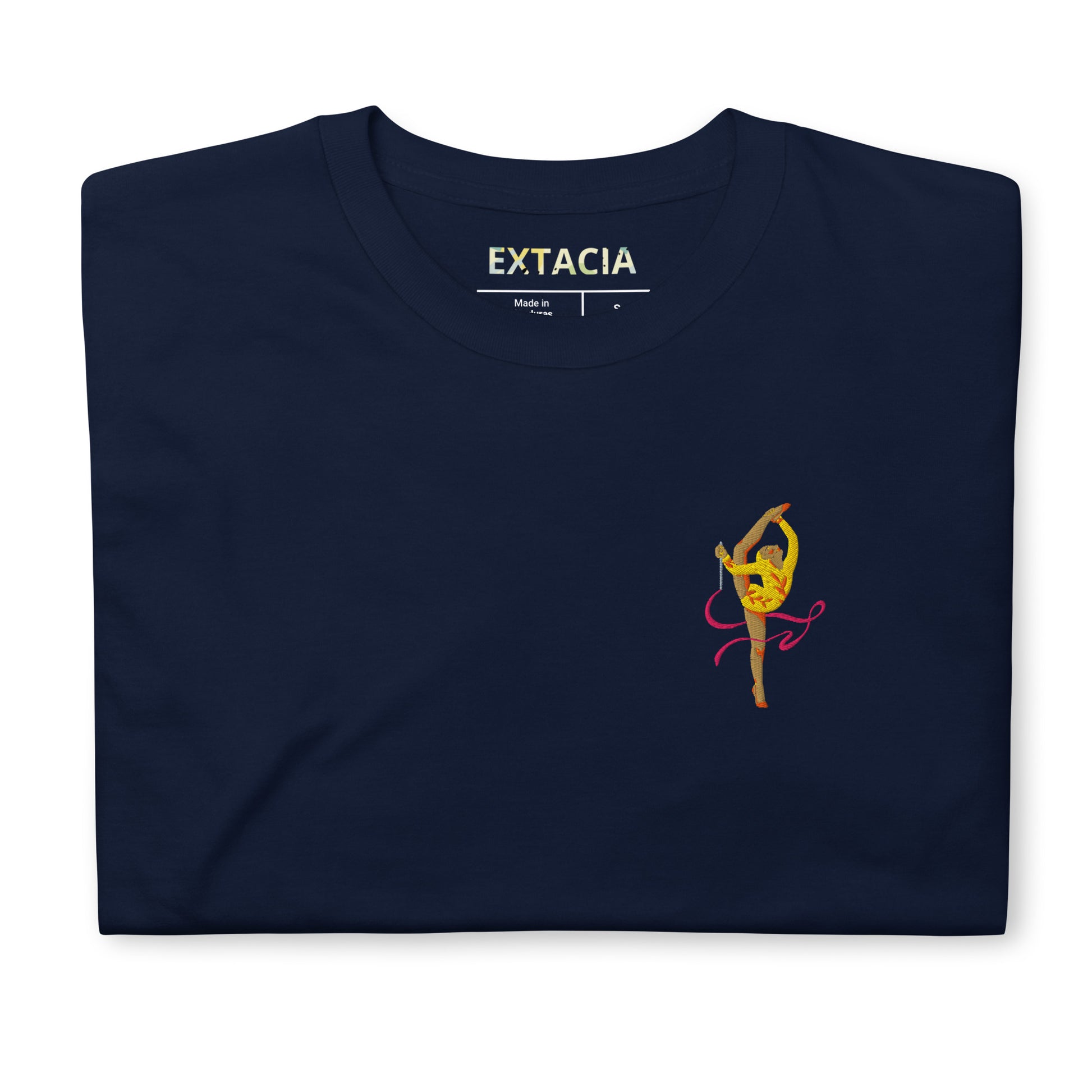 T-shirt femme coton brodé – gymnaste danseuse - poitrine gauche - bleu marine Tissu coton doux – détail texture & broderie