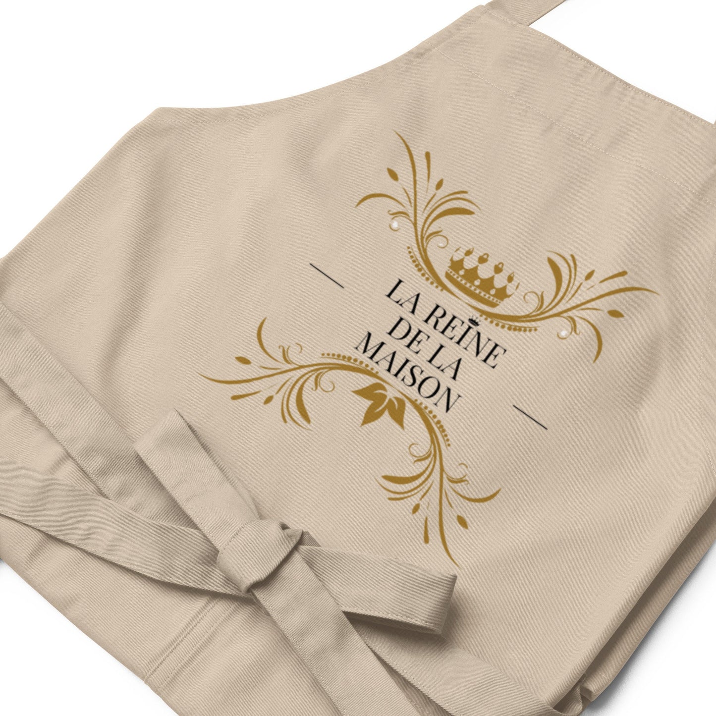 Tablier femme coton – motif imprimé la reine de la maison - beige - Détail tissu coton – texture durable et confortable