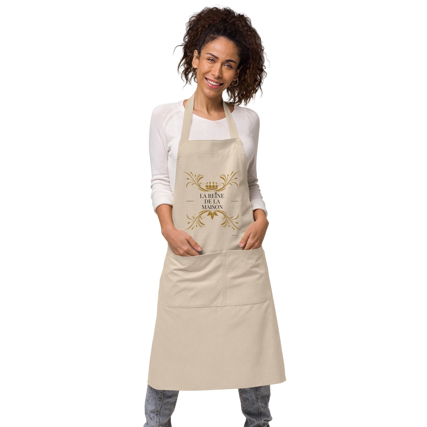 Tablier femme coton – motif imprimé la reine de la maison - beige - Tablier porté femme – ambiance cuisine ou BBQ
