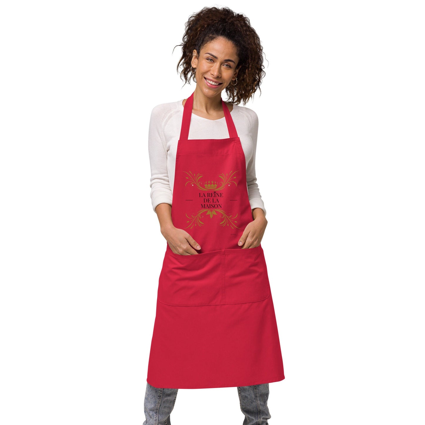 Tablier femme coton – motif imprimé la reine de la maison - rouge - Tablier porté femme – ambiance cuisine ou BBQ