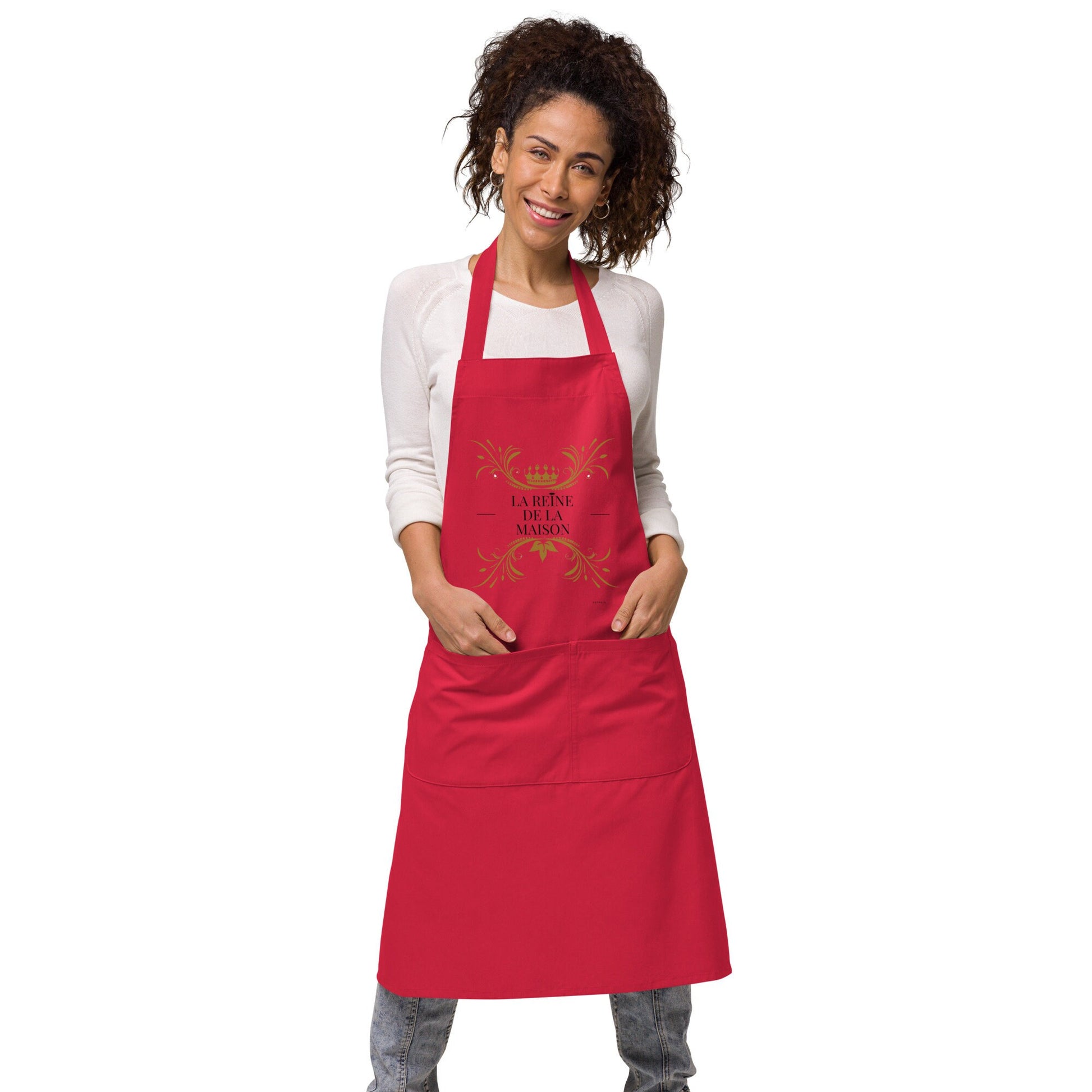 Tablier femme coton – motif imprimé la reine de la maison - rouge - Tablier porté femme – ambiance cuisine ou BBQ