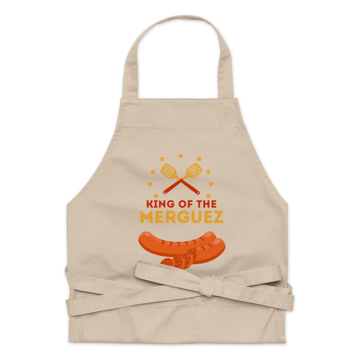 Tablier homme coton – motif imprimé : king of the merguez - beige - vue de face, coupe ajustable