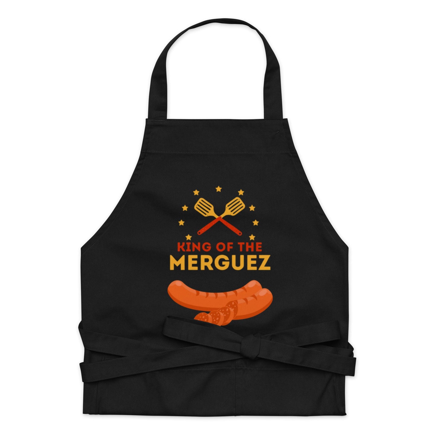 Tablier homme coton – motif imprimé : king of the merguez - noir vue de face, coupe ajustable