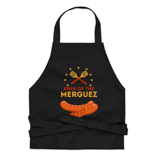 Tablier homme coton – motif imprimé : king of the merguez - noir vue de face, coupe ajustable