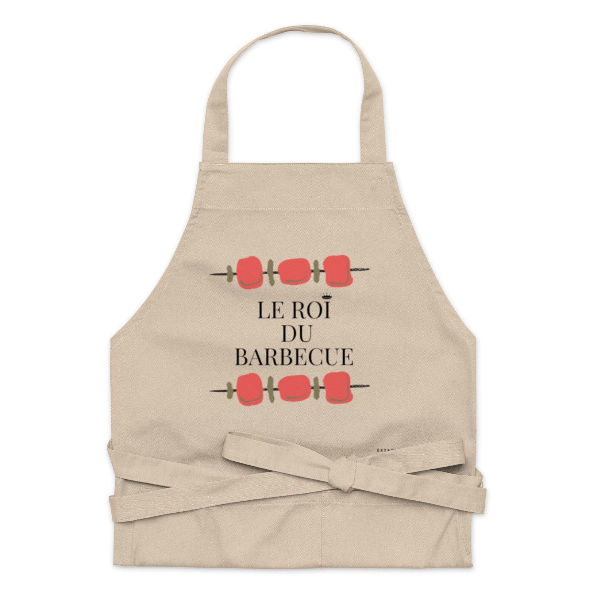 Tablier homme coton – motif imprimé : le roi du barbecue - beige - vue de face, coupe ajustable