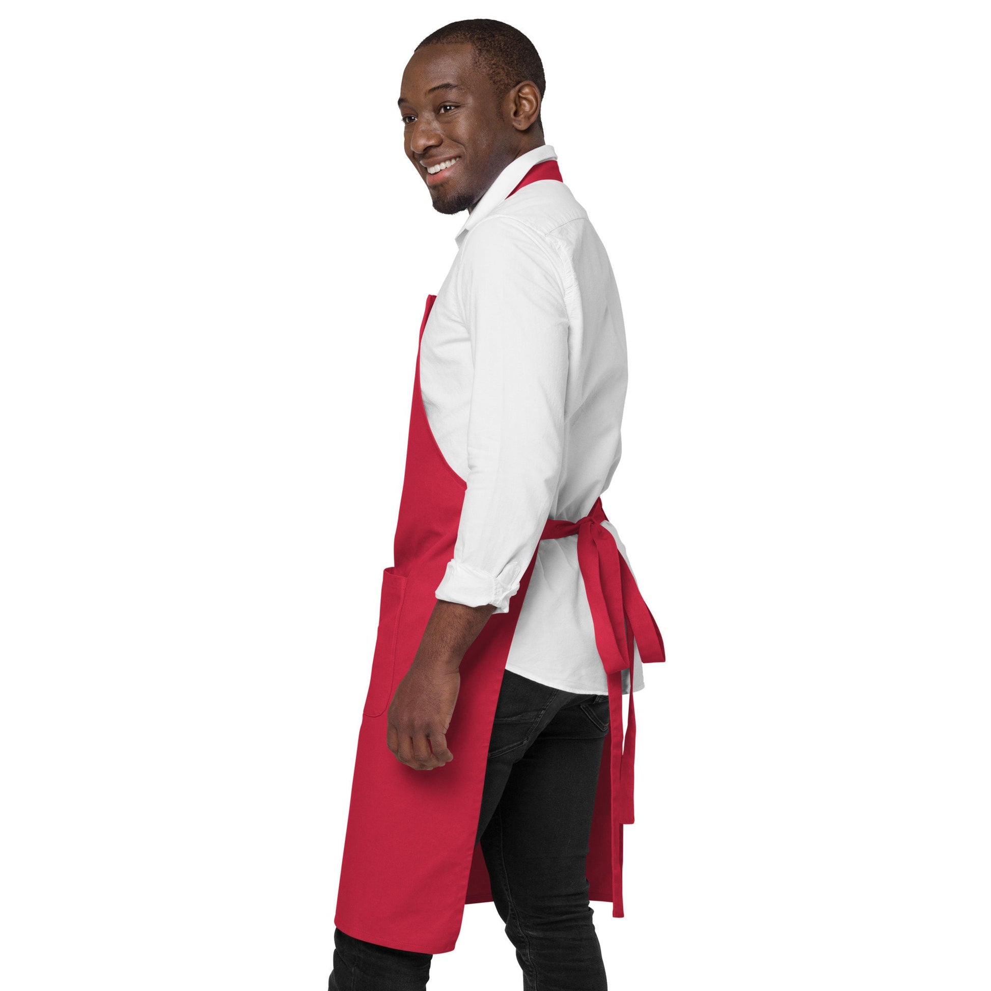Tablier homme coton – motif imprimé : le roi du barbecue - rouge - Tablier porté – vue de dos 