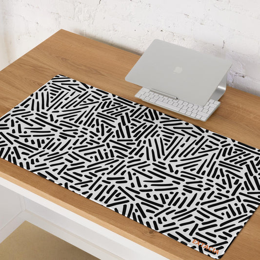 Tapis de souris gaming – Blanc & Noir – Dessin Traits & Points Graphique Minimaliste – grand format vue de face