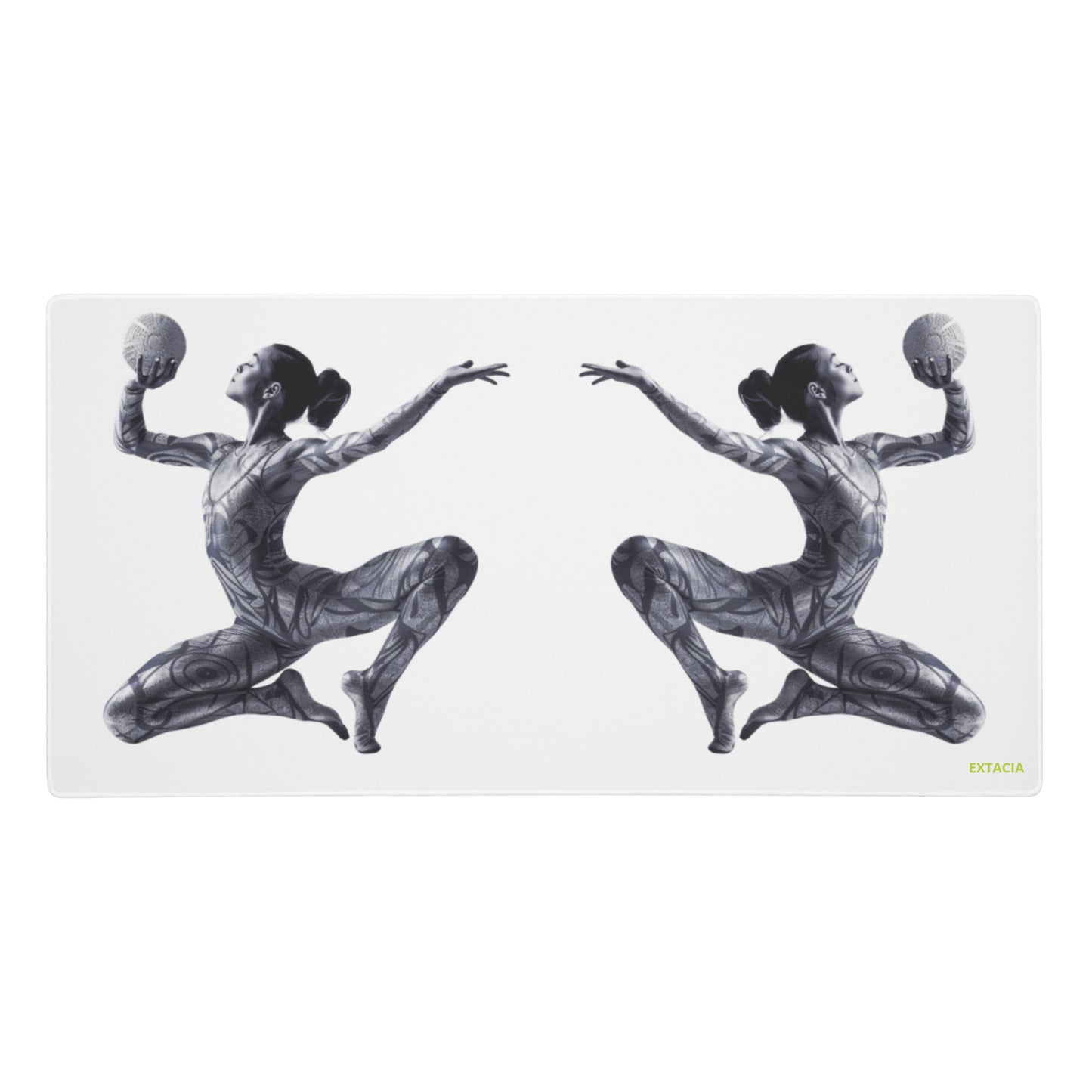 Tapis de souris gaming – dessin blanc et noir Motif: gymnaste danseuse Minimaliste – grand format - Dimension large – clavier et souris sur le tapis - rectangulaire