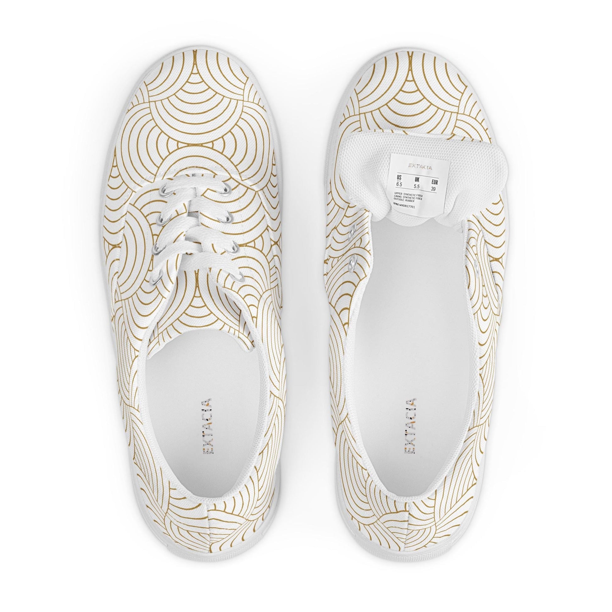 Tennis en toile femme, blanc et or – vue de dessus, laçage et œillets