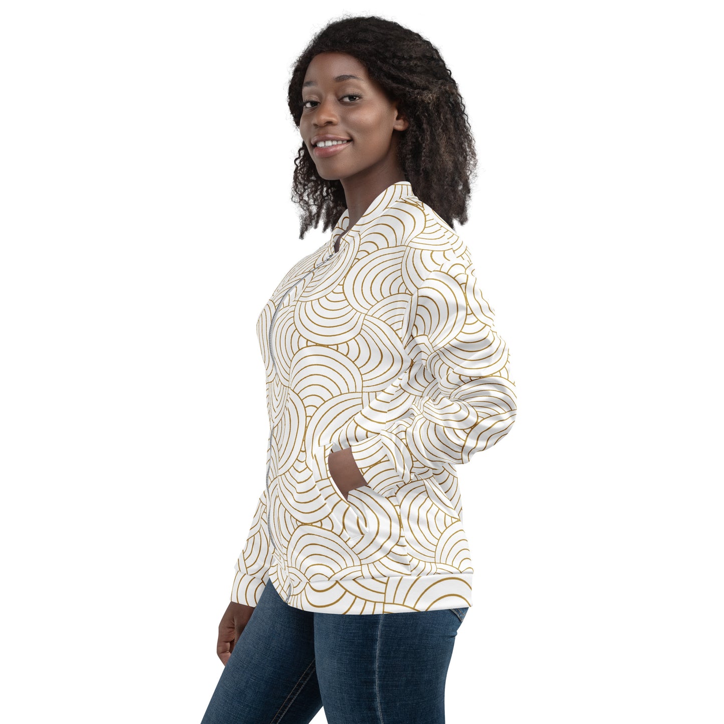 Veste bombardier femme - Blanc et Or - portée en look décontracté – Minimaliste