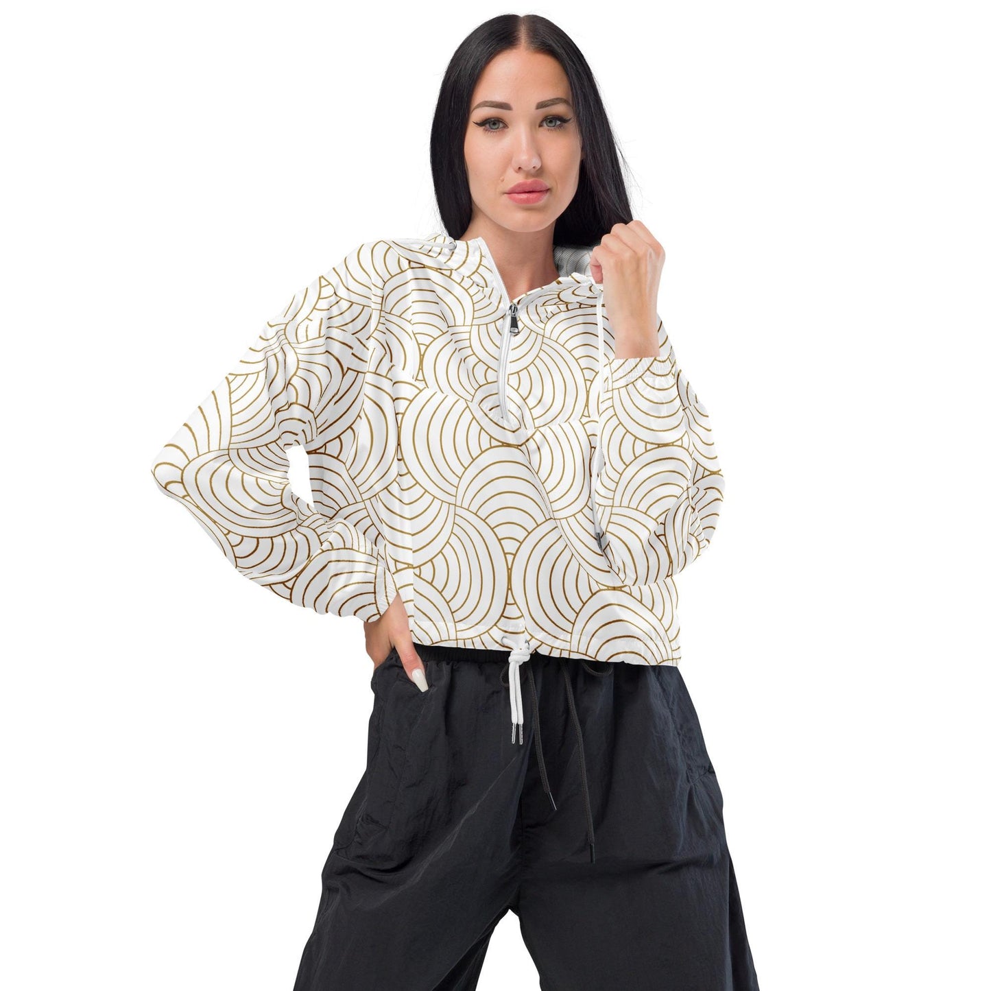 Veste coupe-vent femme blanc et or, crop top imperméable et respirant – vue de face