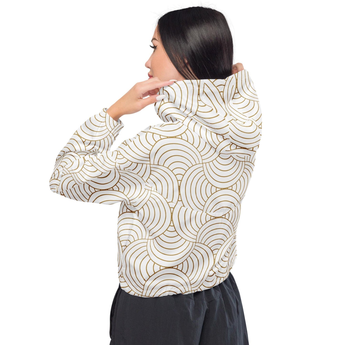 Veste coupe-vent femme blanc et or – vue de dos, ourlet élastiqué
