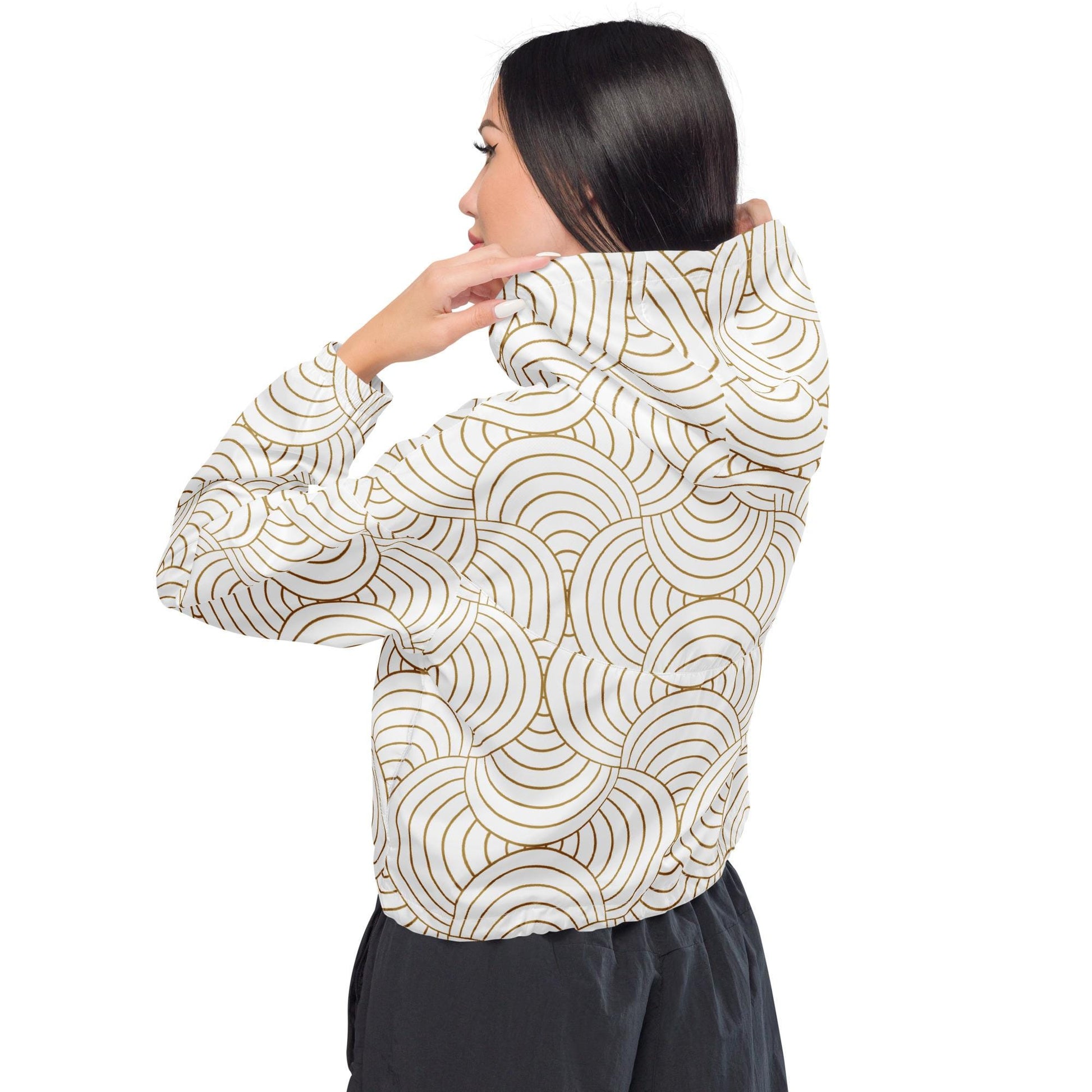 Veste coupe-vent femme blanc et or – vue de dos, ourlet élastiqué
