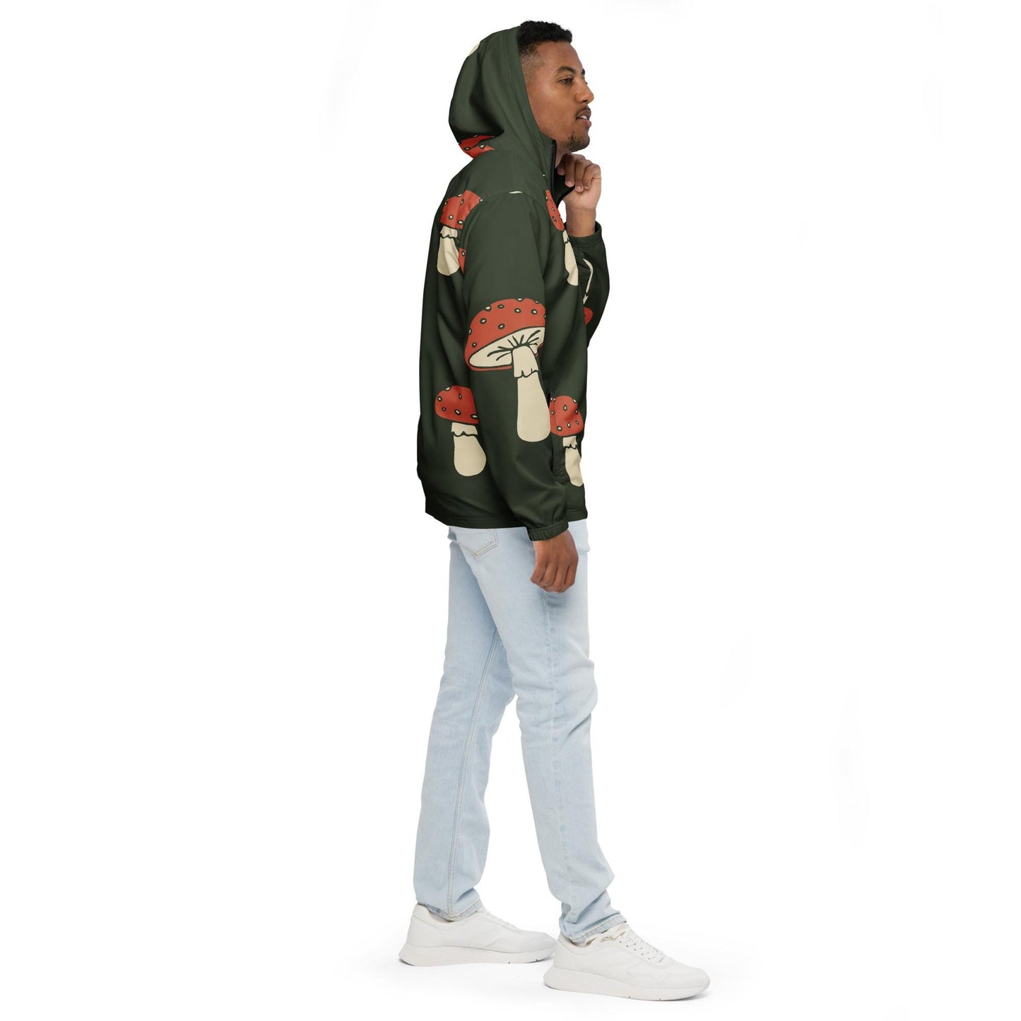 Veste coupe-vent homme Vert champignon, Imprimé – vue de profil, coupe droite avec capuche