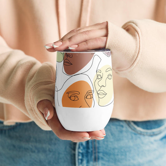 Mug Isotherme Inox - Petit Thermos Isotherme en Acier Inoxydable – Design Artistique Visages Féminins Calligraphie, Mug de Voyage Gobelet