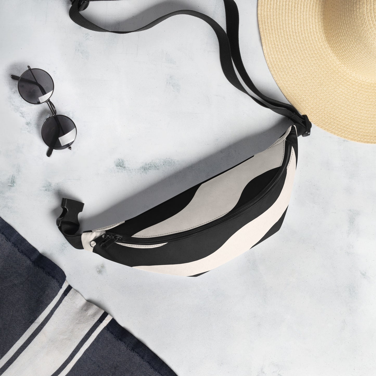 Sac banane minimaliste – Beige & Noir – Sacoche unisexe – Accessoire léger – Graphique