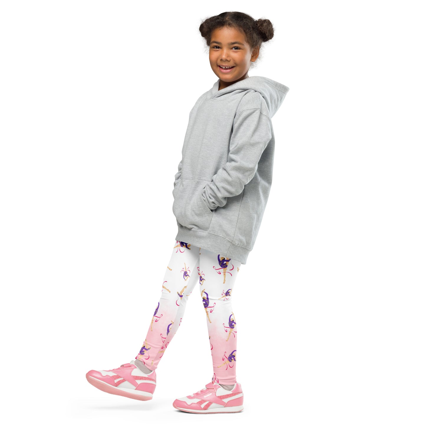 Legging pour petite fille – Dégradé Bleu, Blanc, Rosé – Doux, extensible, toutes saisons – Motif Gymnaste Danseuse
