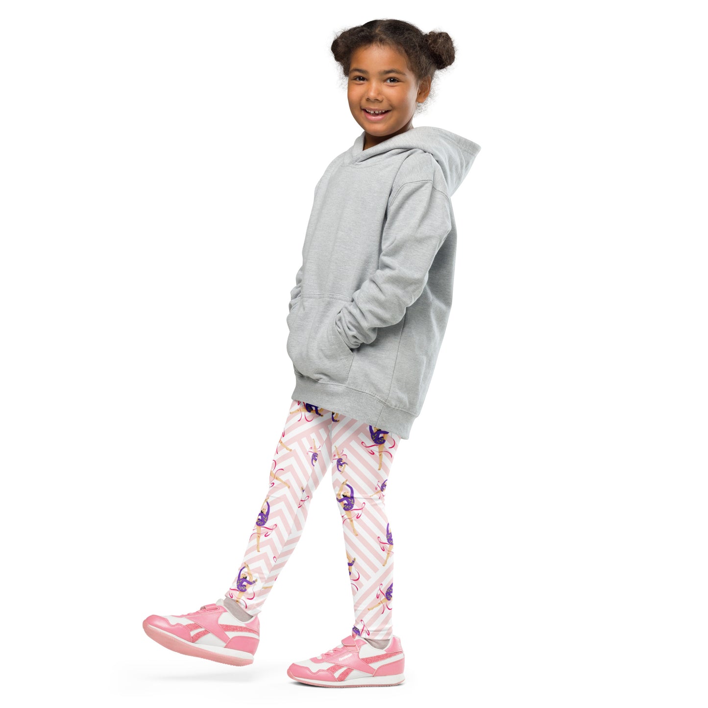 Legging pour petite fille – Blanc & Rose – Doux, extensible, toutes saisons – Motif Gymnaste Danseuse