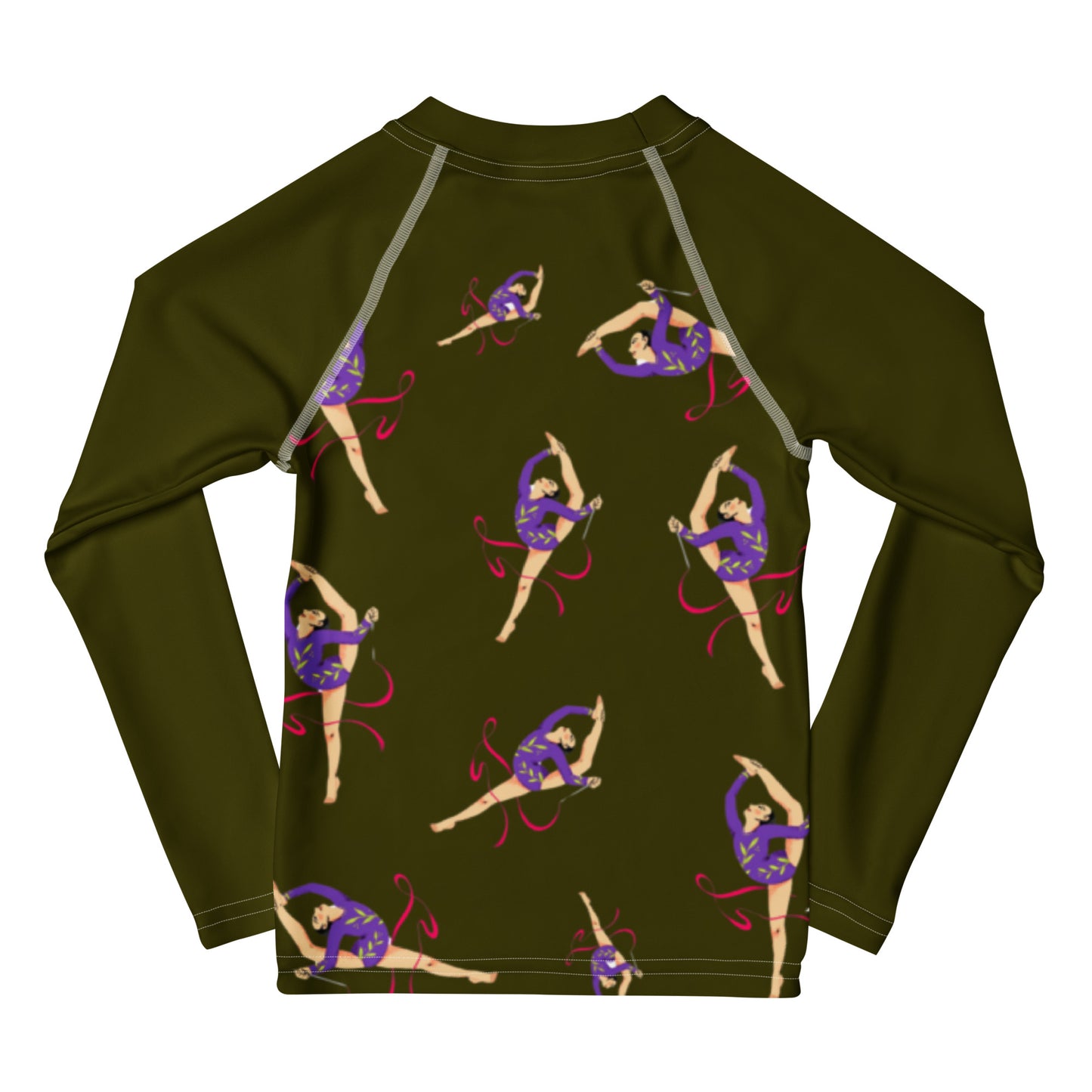 Rash guard pour petite fille – Vert Militaire – Compression légère, séchage rapide – Motif Gymnaste Danseuse