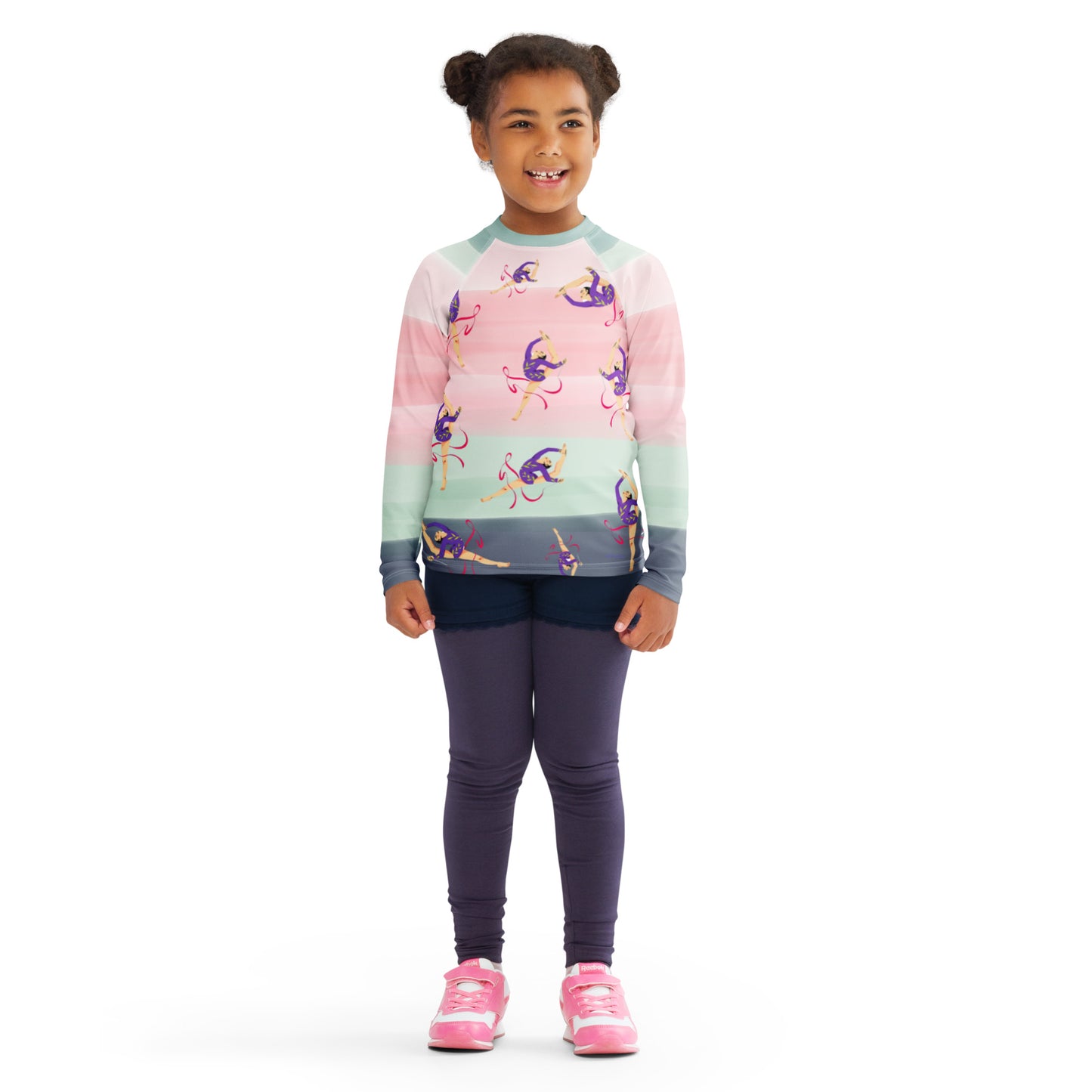 Rash guard pour petite fille – Dégradé Rose Kaki – Compression légère, séchage rapide – Motif Gymnaste Danseuse