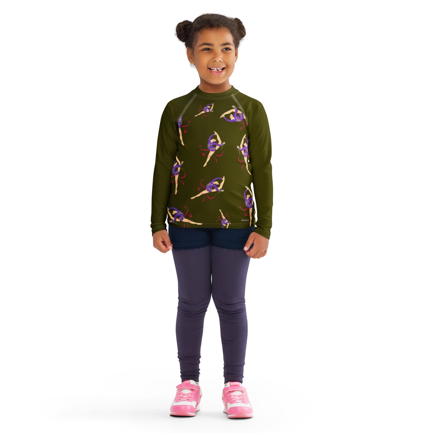 Rash guard pour petite fille – Vert Militaire – Compression légère, séchage rapide – Motif Gymnaste Danseuse