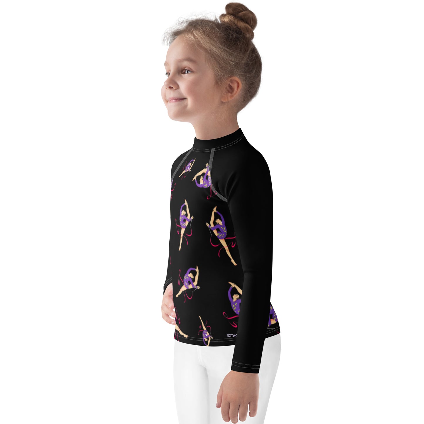 Rash guard pour petite fille – Noir – Compression légère, séchage rapide – Motif Gymnaste Danseuse