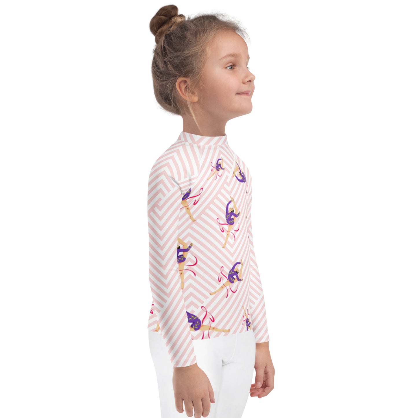 Rash guard pour petite fille – Blanc & Rose – Compression légère, séchage rapide – Motif Gymnaste Danseuse