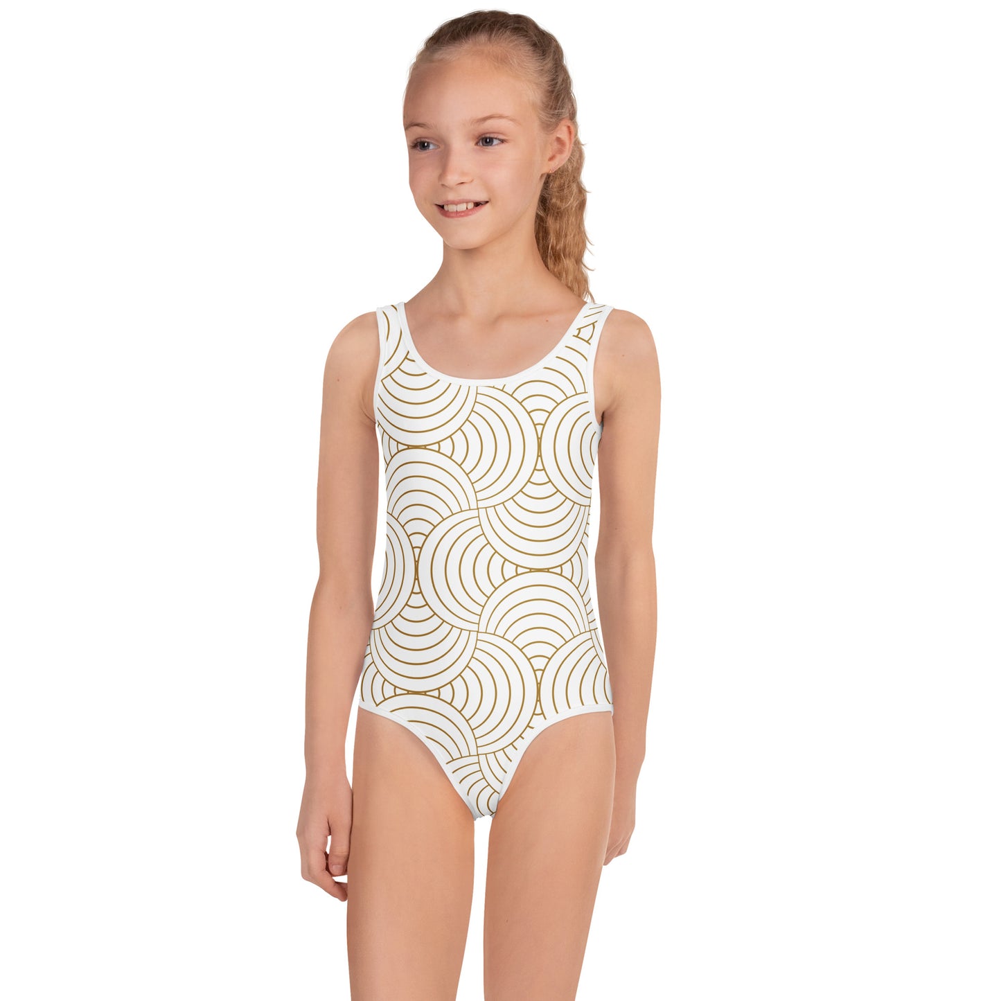 Maillot de bain 1 pièce pour petite fille – Blanc & Or – Confort, maintien & séchage rapide – Graphique