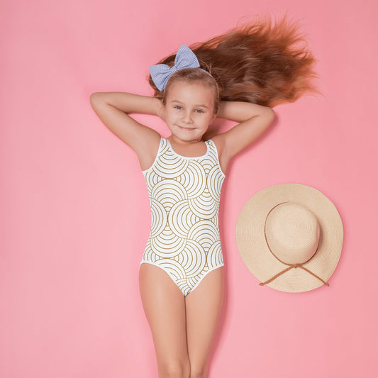 Maillot de bain 1 pièce pour petite fille – Blanc & Or – Confort, maintien & séchage rapide – Graphique