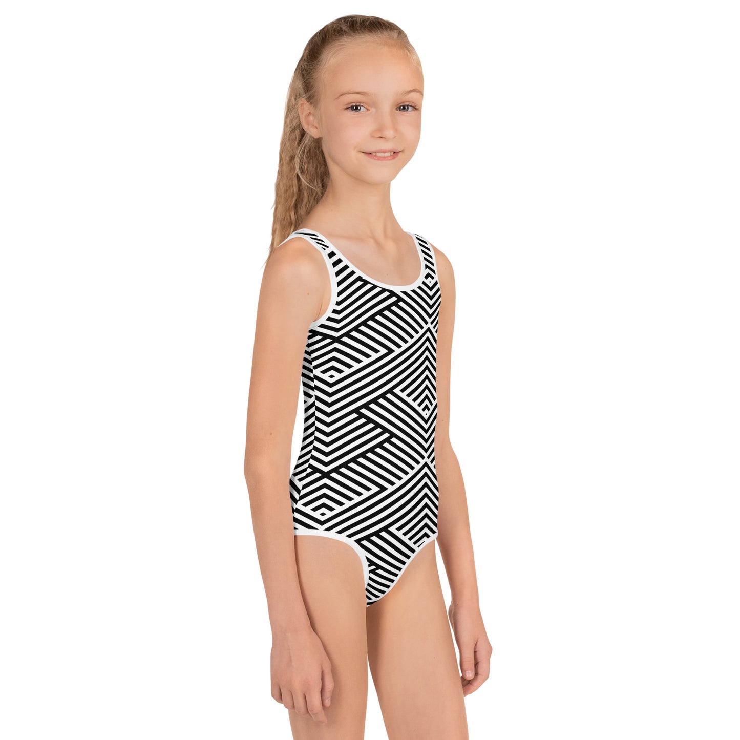 Maillot de bain 1 pièce pour petite fille – Blanc & Noir – Confort, maintien & séchage rapide – Graphique