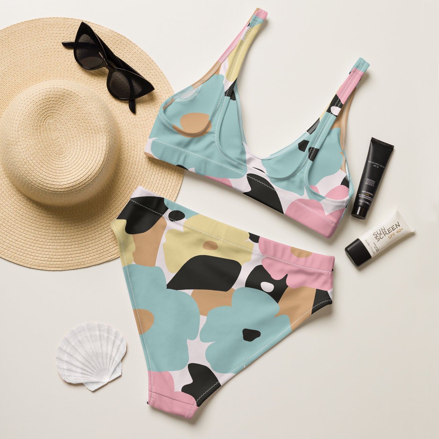 Bikini pour femme - Fleuri, Pastel – Deux pièces, éco-responsable, haut brassière & bas taille haute