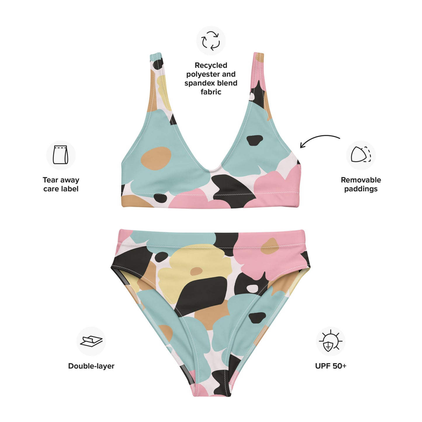 Bikini pour femme - Fleuri, Pastel – Deux pièces, éco-responsable, haut brassière & bas taille haute