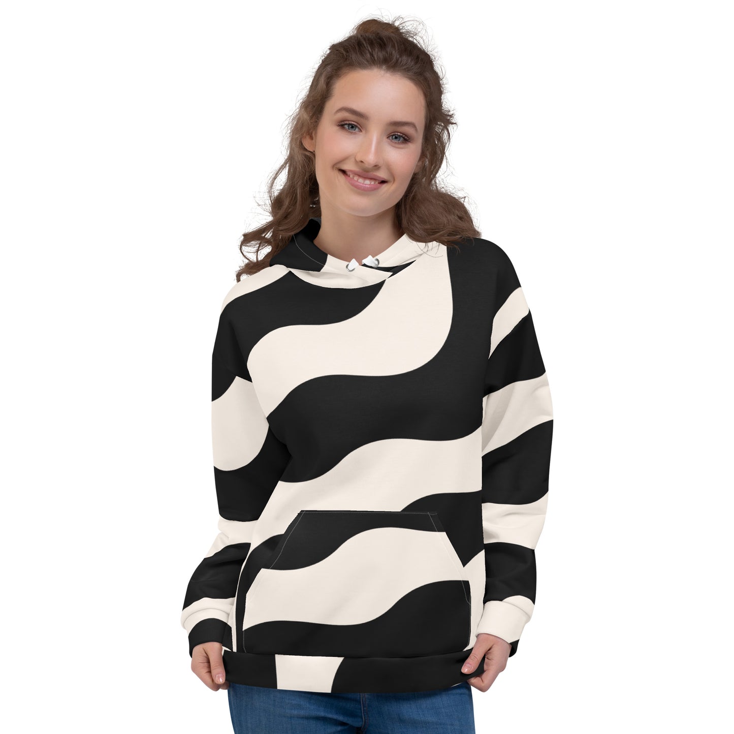 Sweat à capuche pour femme – Beige & Noir – Polyester recyclé, doux & durable – Graphique Minimaliste