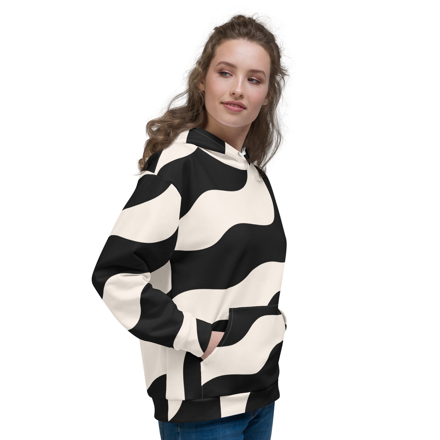 Sweat à capuche pour femme – Beige & Noir – Polyester recyclé, doux & durable – Graphique Minimaliste