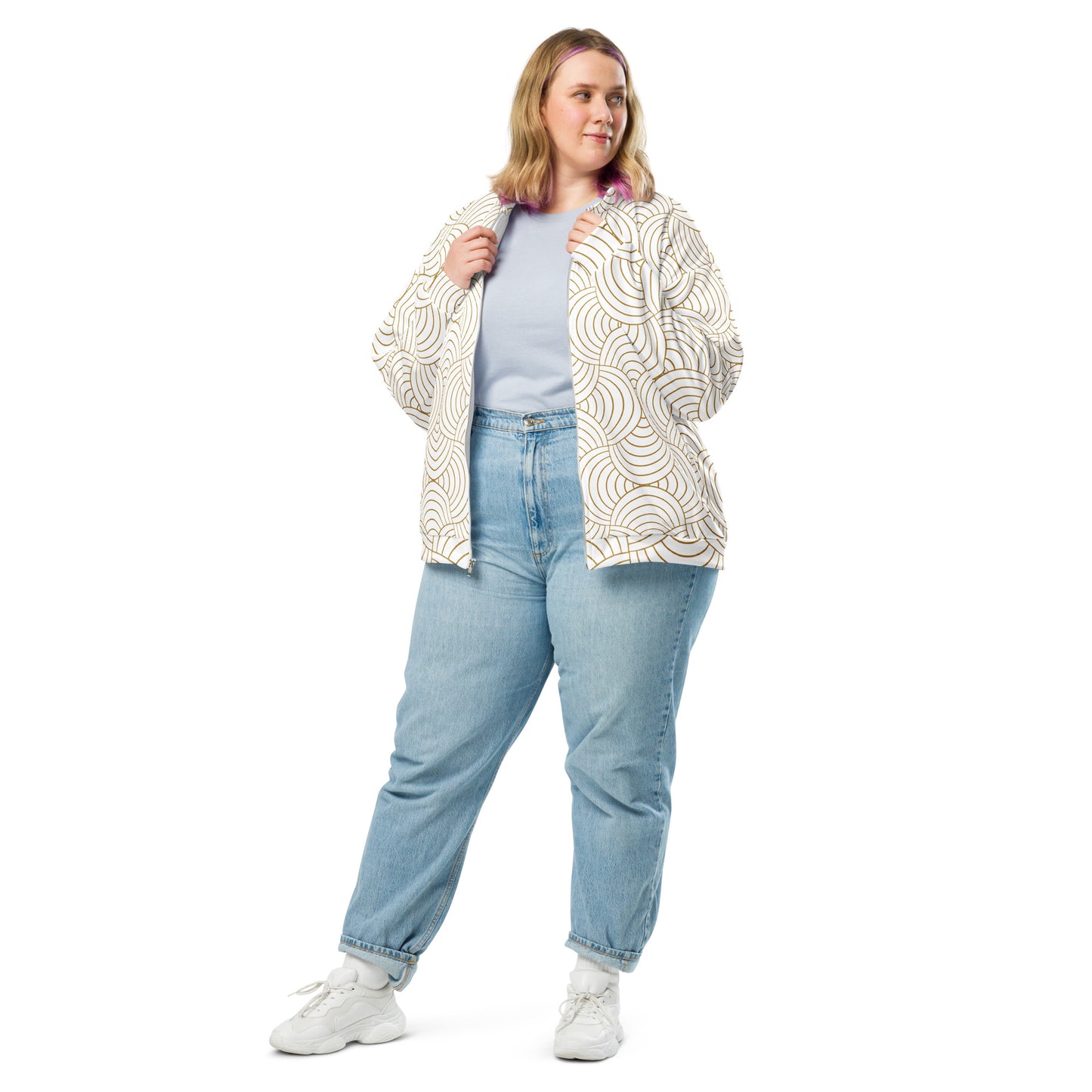 Veste bombardier pour femme - Blanc et Or – Zippée, légère et confortable – Graphique Minimaliste