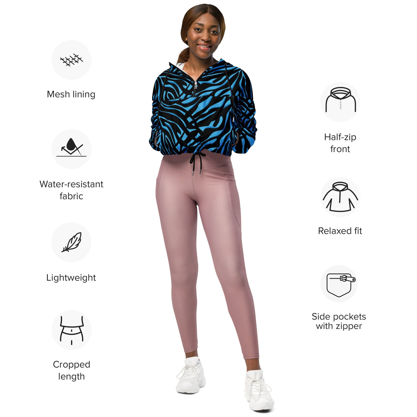 Veste coupe-vent pour femme courte - Bleu et Noir – Crop top imperméable, respirant, Imprimé Animal