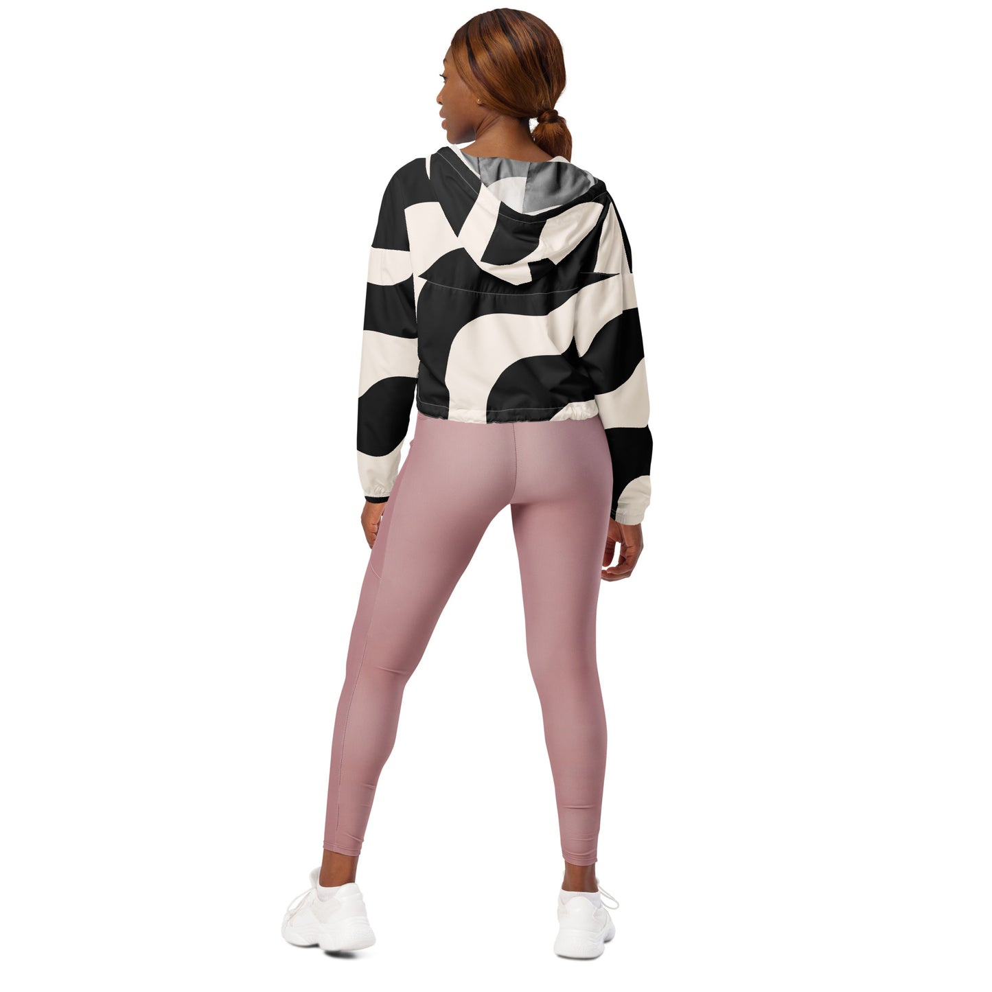 Veste coupe-vent pour femme courte - Noir et Beige – Crop top imperméable et respirant – Graphique