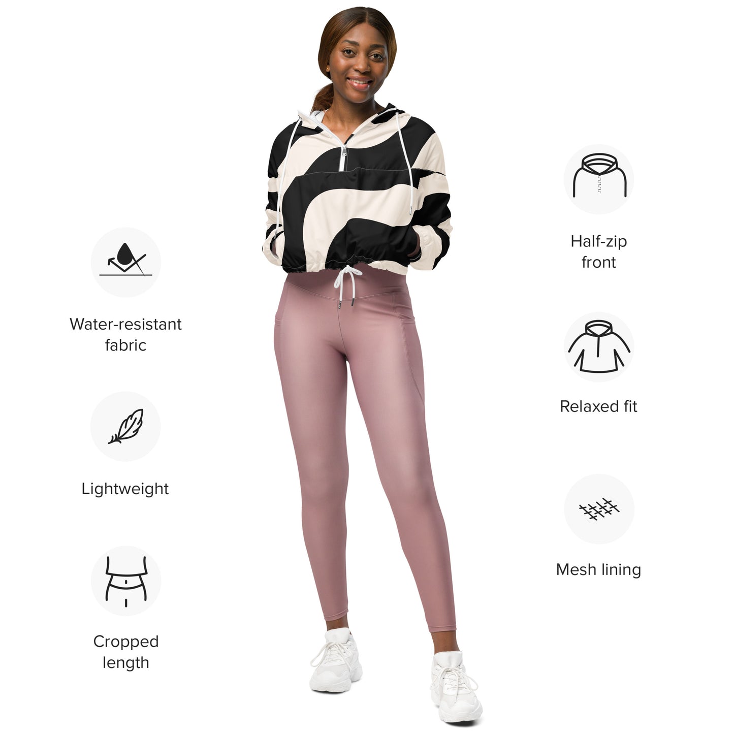 Veste coupe-vent pour femme courte - Noir et Beige – Crop top imperméable et respirant – Graphique