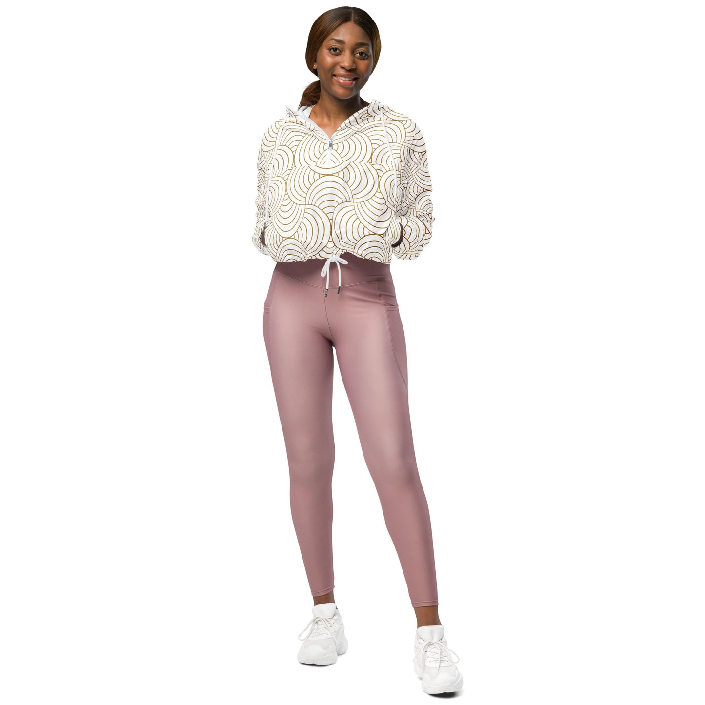 Veste coupe-vent pour femme courte - Blanc et Or – Crop top imperméable et respirant – Graphique