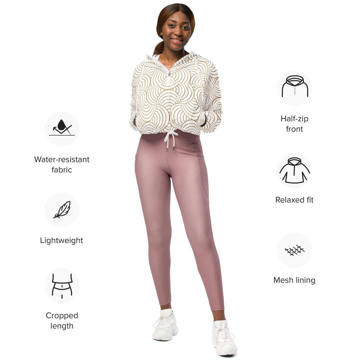 Veste coupe-vent pour femme courte - Blanc et Or – Crop top imperméable et respirant – Graphique