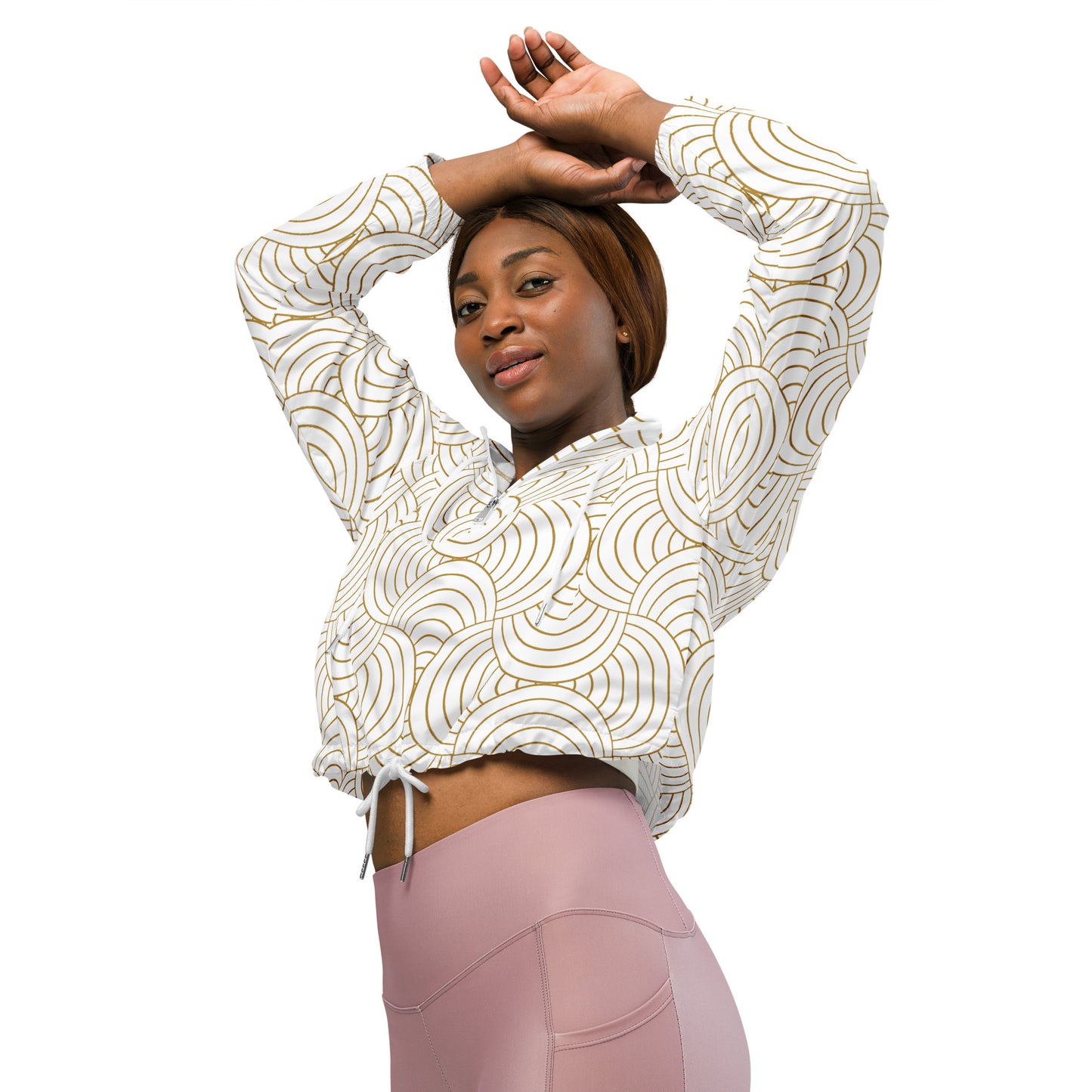 Veste coupe-vent pour femme courte - Blanc et Or – Crop top imperméable et respirant – Graphique
