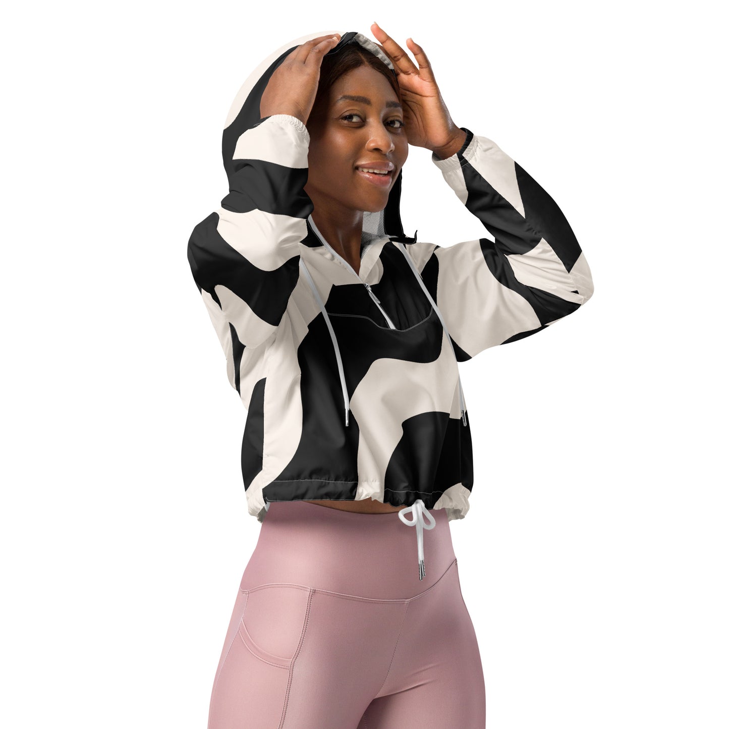 Veste coupe-vent pour femme courte - Noir et Beige – Crop top imperméable et respirant – Graphique