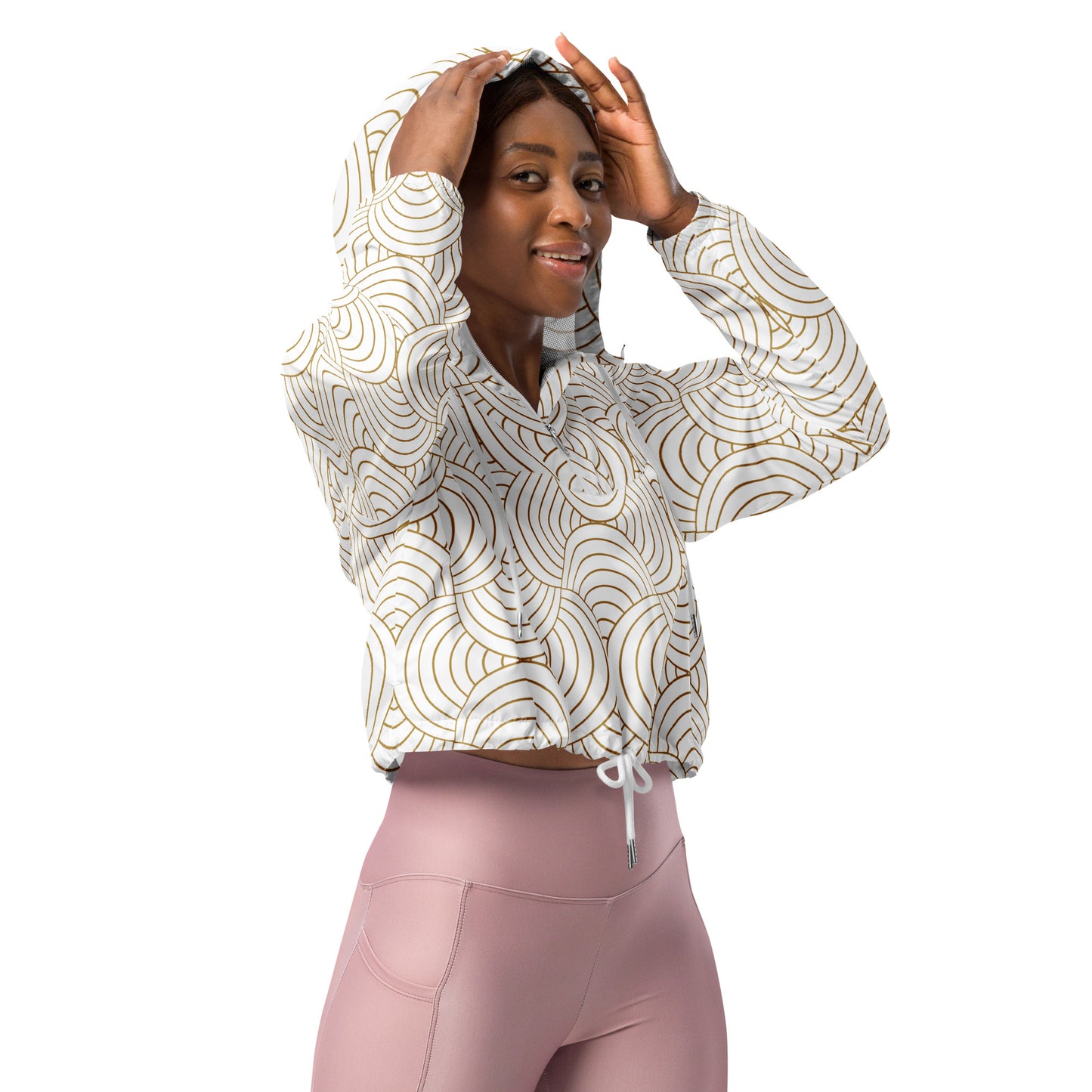 Veste coupe-vent pour femme courte - Blanc et Or – Crop top imperméable et respirant – Graphique