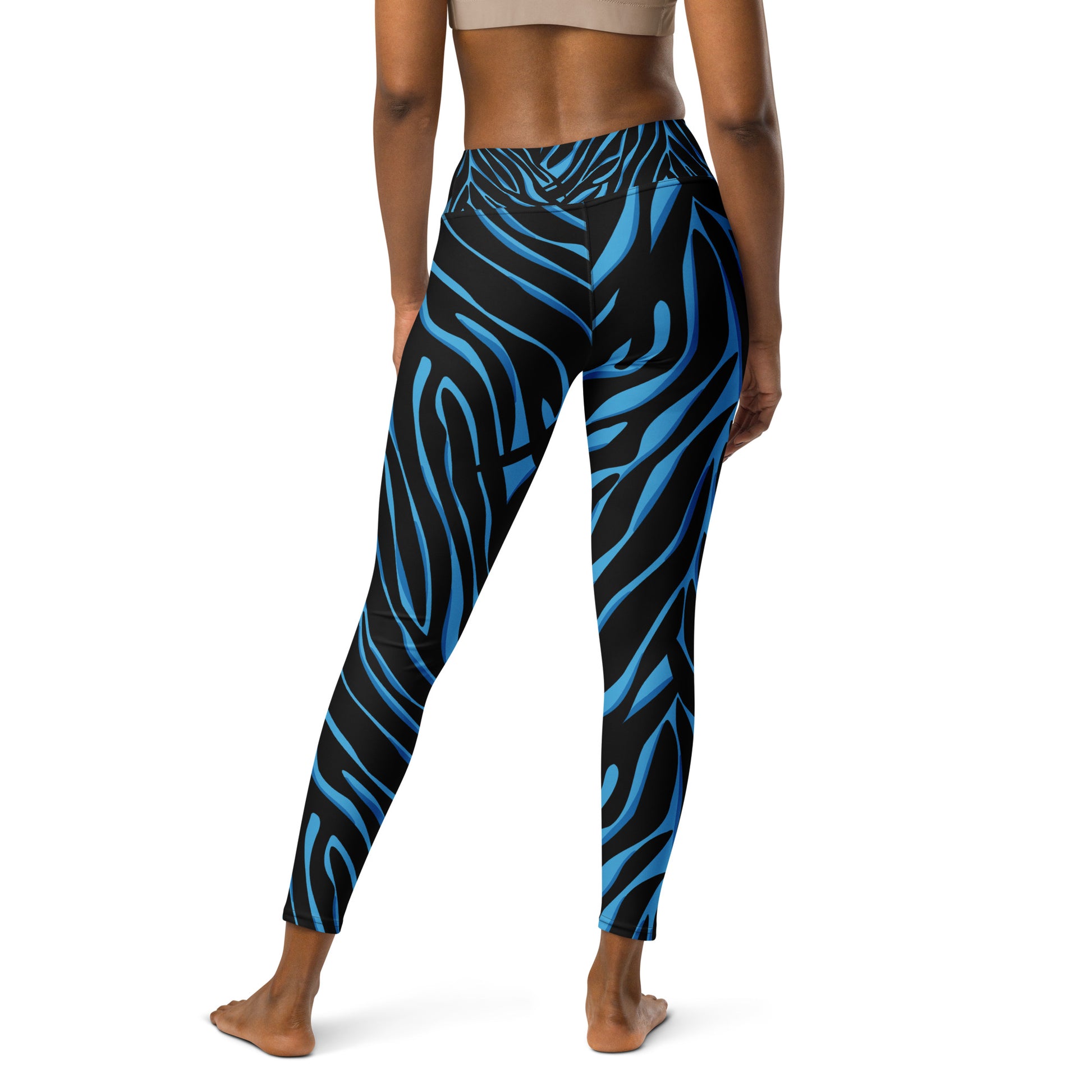 Legging de yoga femme bleu et noir - imprimé animal minimaliste – vue de dos, finitions propres