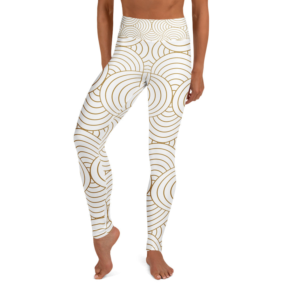 Legging de yoga pour femme – Blanc & Or – Stretch, taille haute, séchage rapide – Graphique Minimaliste