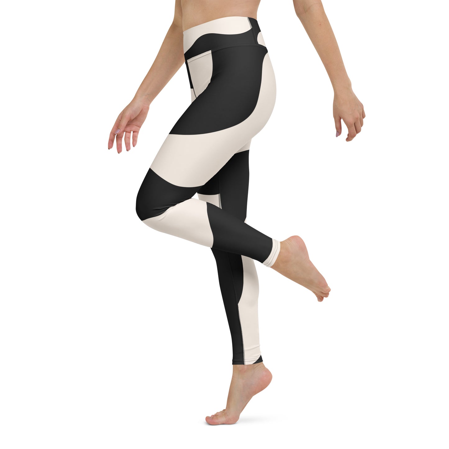 Legging de yoga pour femme – Beige & Noir – Stretch, taille haute, séchage rapide – Graphique Minimaliste