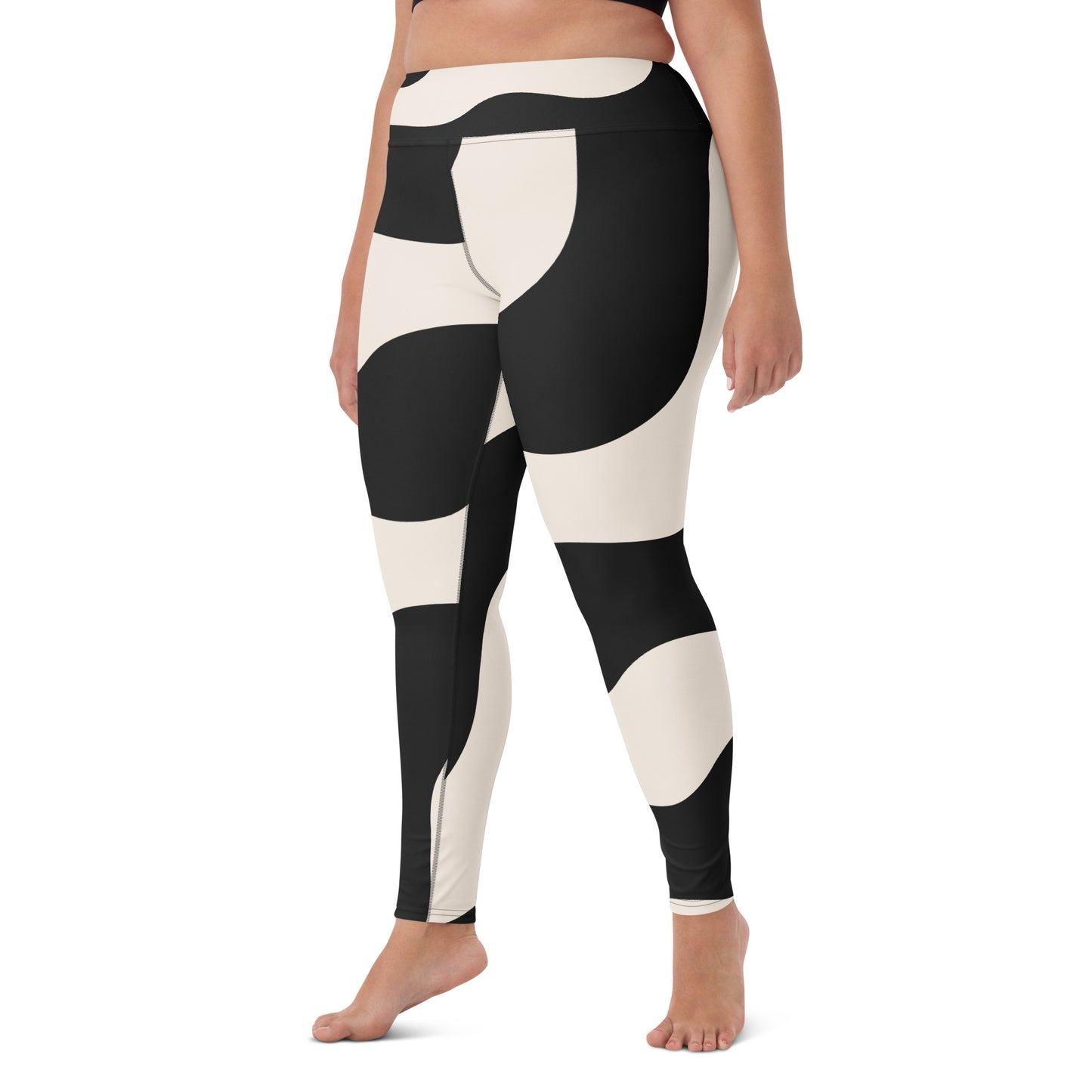 Legging de yoga pour femme – Beige & Noir – Stretch, taille haute, séchage rapide – Graphique Minimaliste